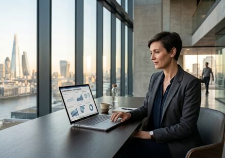 Executive business leader reviewing artificial intelligence growth operations in modern corporate boardroom