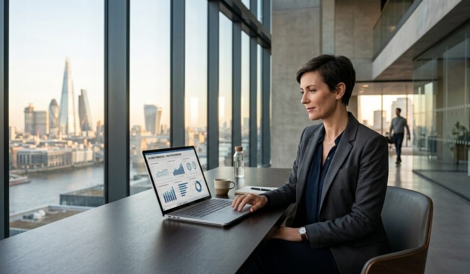 Executive business leader reviewing artificial intelligence growth operations in modern corporate boardroom