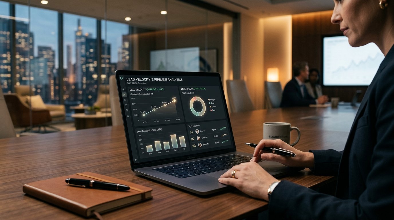 Executive laptop displaying dark-mode CRM lead velocity and predictive revenue pipeline analytics